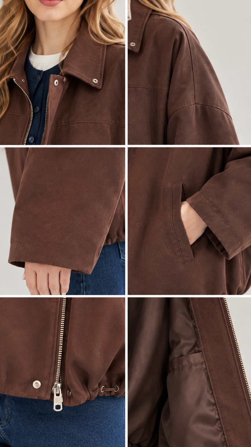 Detailed close-up collage of jacket collar, drop shoulder seam, sleeve cuff, side pocket, metal zipper, and interior lining