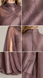 Collage of close-up fabric texture, high neckline drape, and back zipper detail