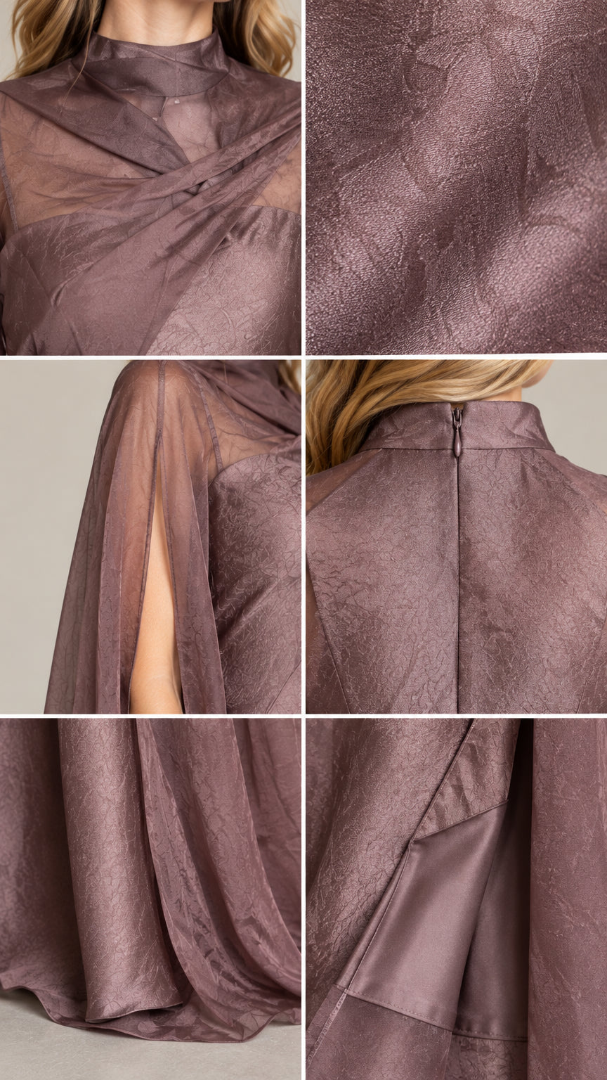 Collage of close-up fabric texture, high neckline drape, and back zipper detail