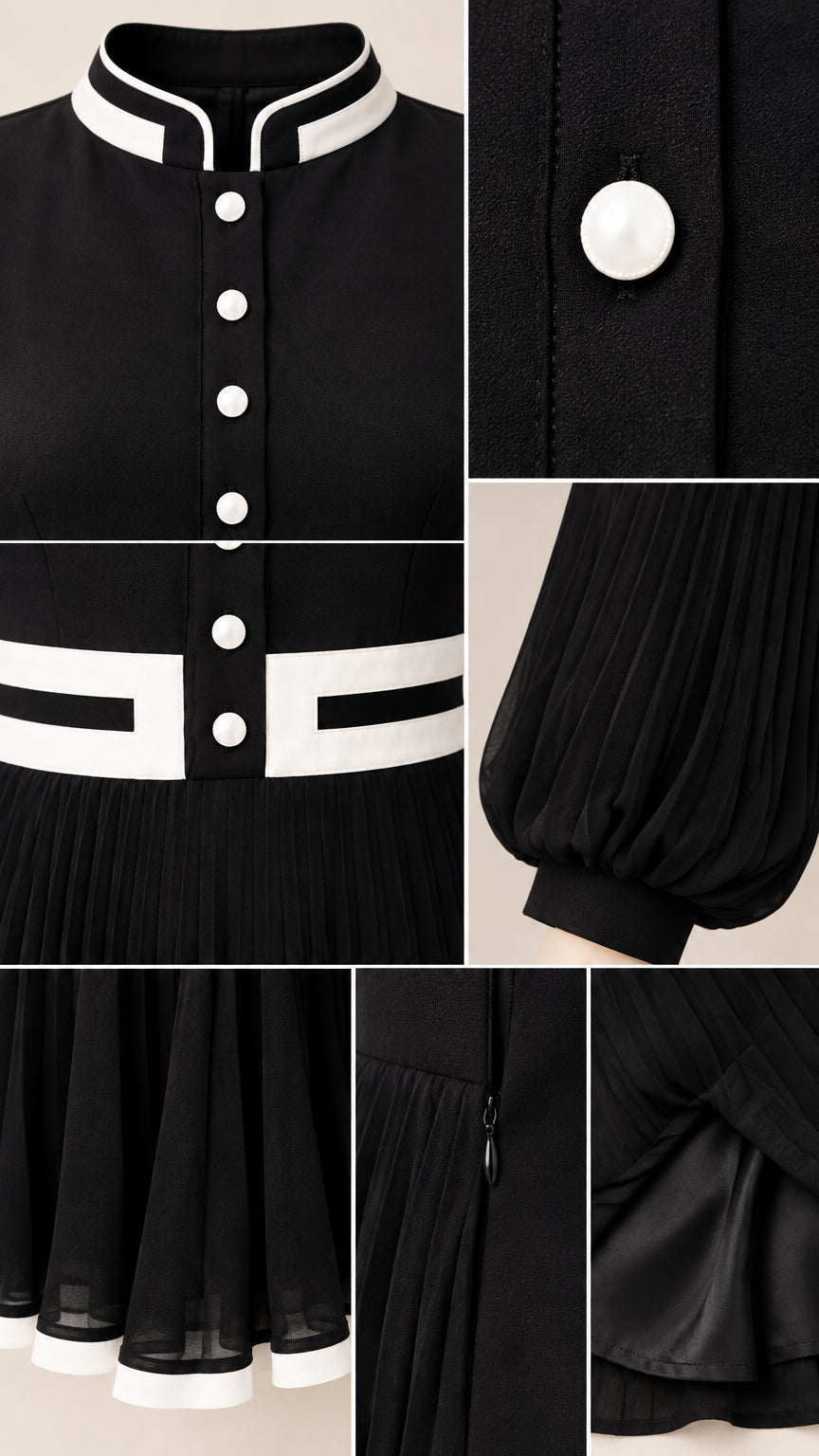 Close-up details of white buttons, stand collar piping, pleated sleeve cuffs, and side zipper