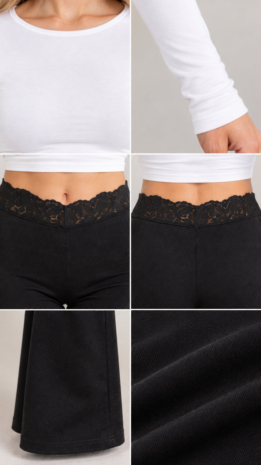 Close-up details of crop top neckline, cuffs, lace waistband, and flared hem