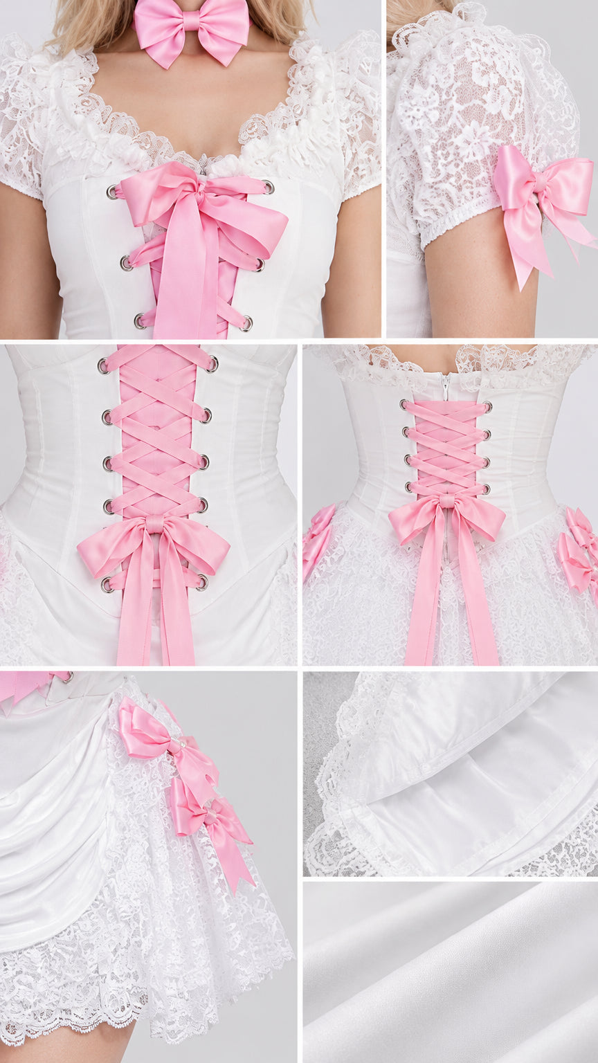 Detailed close-ups of the sweetheart neckline, front lace-up corset, bows, and lace hem