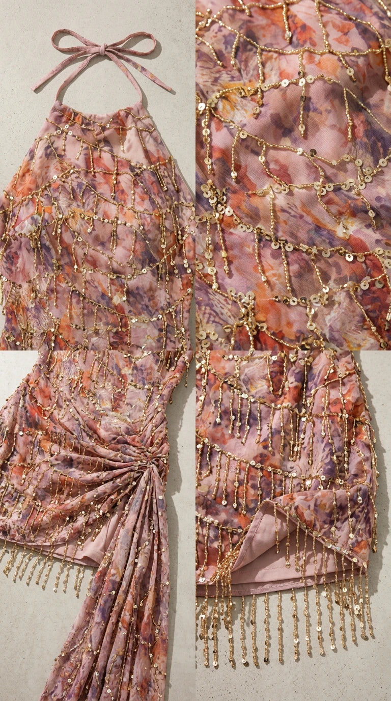 Close-up details of sequin fringe, halter tie neck, and side drape fabric