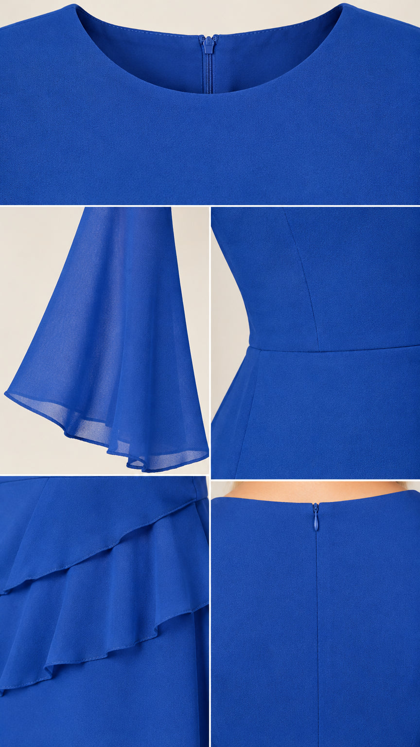 Close-up details of neckline, bell sleeve cuff, fitted waistline, and tiered ruffle trim in royal blue