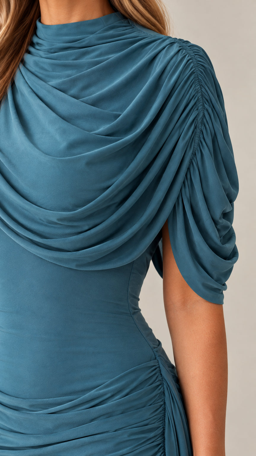Close-up detail of teal blue high neck draped cowl bodice and gathered short sleeves