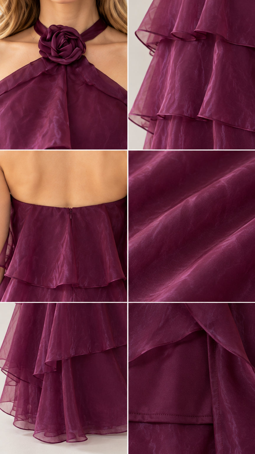 Close-up details of burgundy rosette halter collar and sheer tiered fabric layers