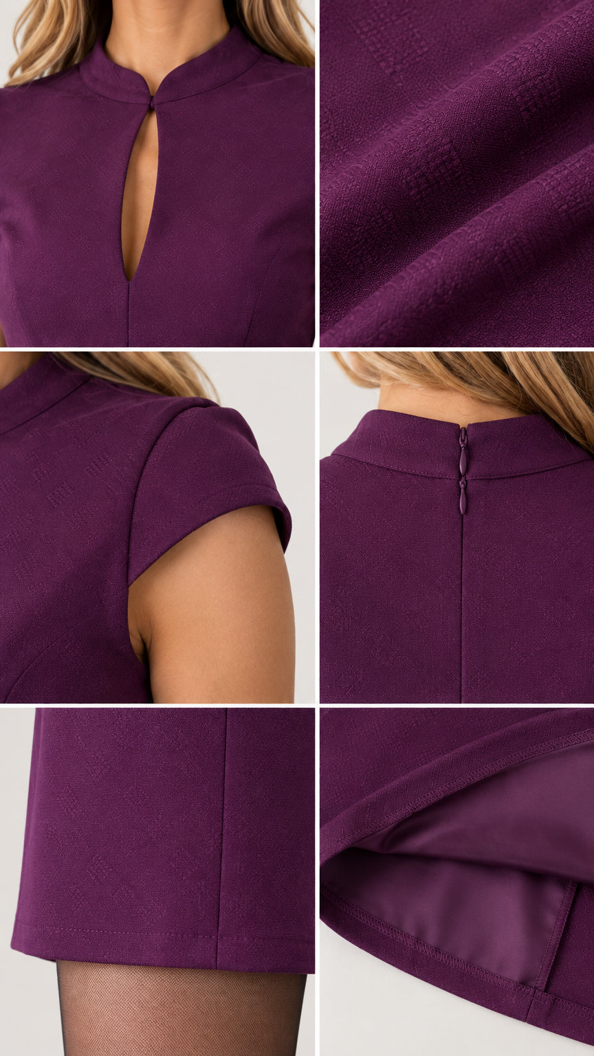 Detailed close-ups of purple dress keyhole neckline, woven fabric texture, cap sleeve, back collar, and interior lining
