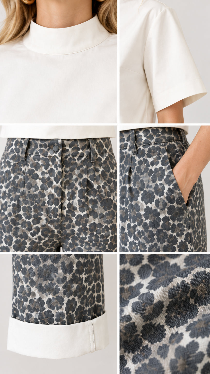 Close-up details of mock neckline, sleeve cuff, waistband pleats, side pocket, and printed textured fabric