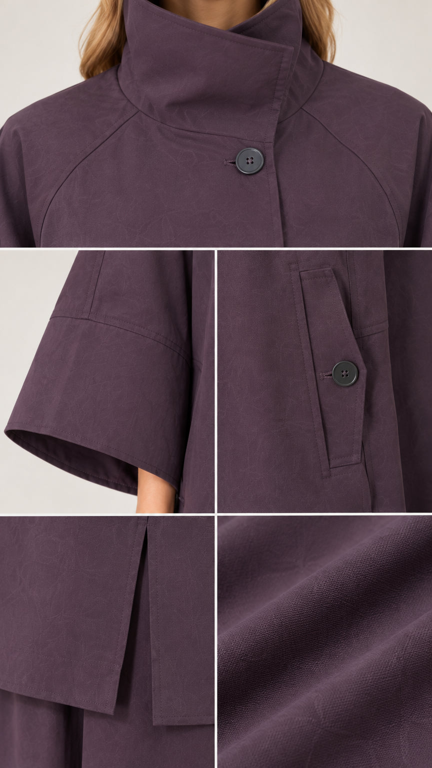 Close-up details of stand collar button, wide sleeve cuff, side slit, and pocket on eggplant set