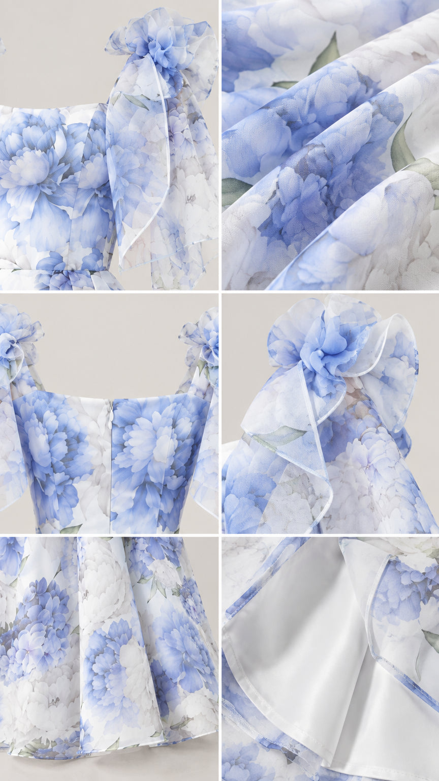 Detailed collage showing fabric texture, ruffled sleeves, back zipper, and hemline lining