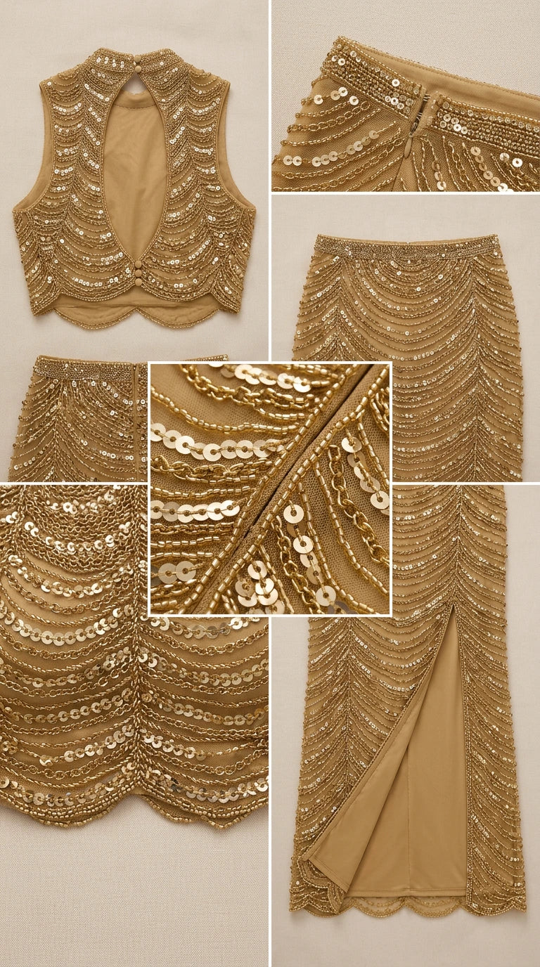 Close-up details of gold sequin embroidery, scalloped hem, and lining