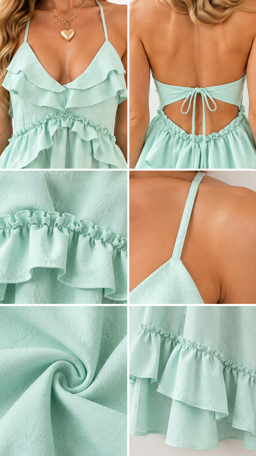 Close-up details of mint green dress showing ruffled neckline, tie back, and fabric texture