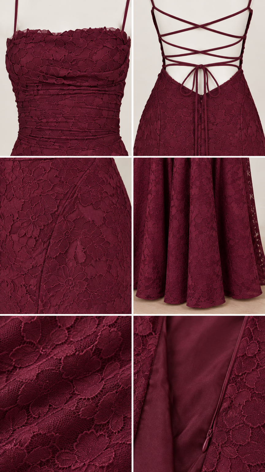 Detail composite image showing burgundy bodice ruching, back lace-up straps, lace texture, hemline, and hidden side zipper