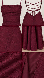 Detail composite image showing burgundy bodice ruching, back lace-up straps, lace texture, hemline, and hidden side zipper