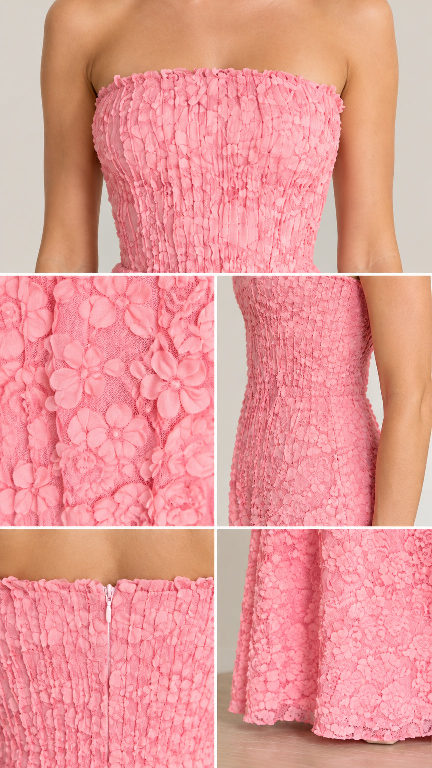 Close-up details of pink 3D floral appliqué fabric, smocked bodice, and back zipper