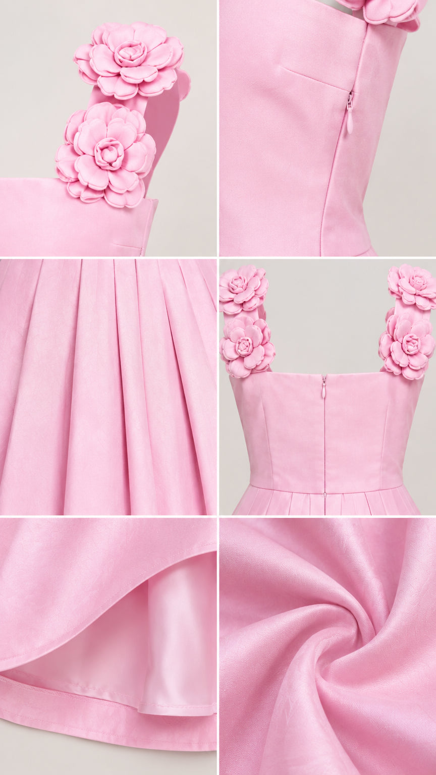 Detailed close-ups of 3D rosette strap appliqués, hidden zipper, and pleated fabric texture