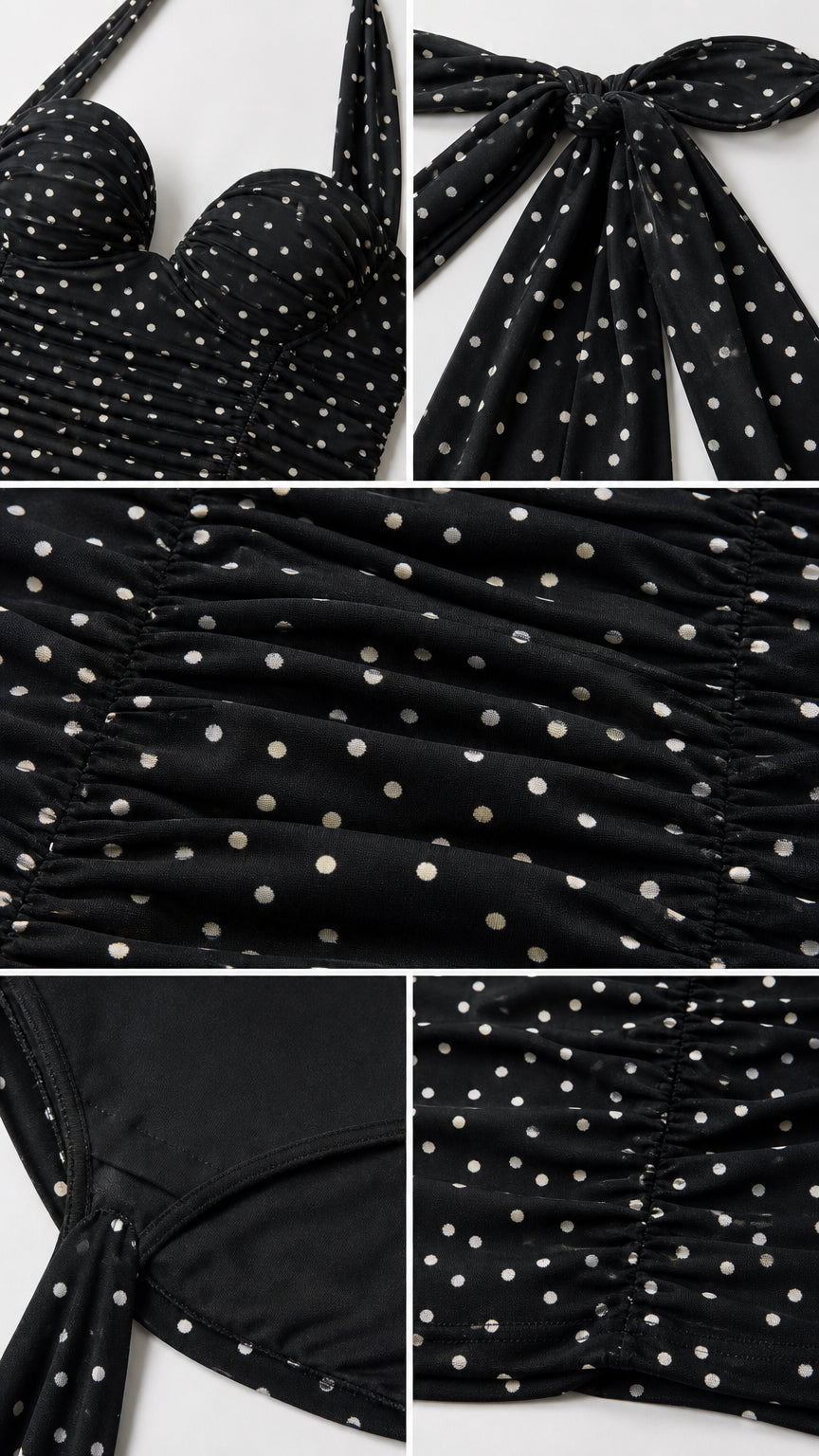 Close-up details of black polka dot dress bust cups, halter ties, and ruching