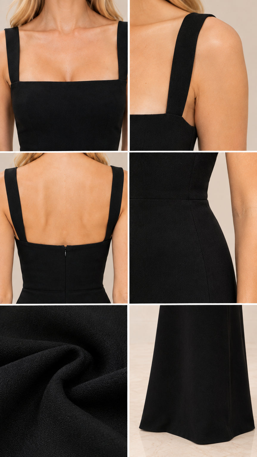 Close-up details of square neckline, wide straps, back zipper, and textured fabric