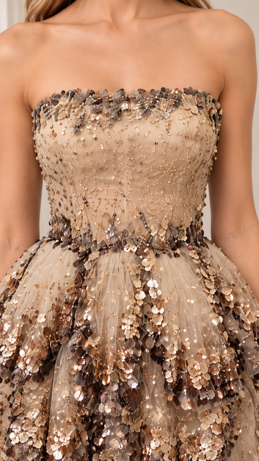 Close-up detail of beaded bodice and sequined tiers on Champagne gown
