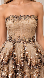 Close-up detail of beaded bodice and sequined tiers on Champagne gown
