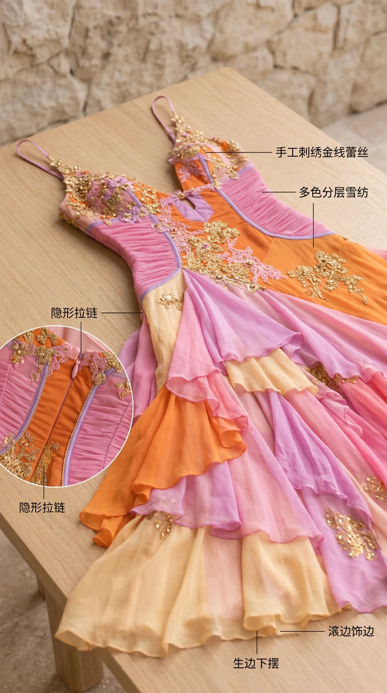Flat lay garment detail of pink multicolor dress showing bodice embroidery and zipper construction
