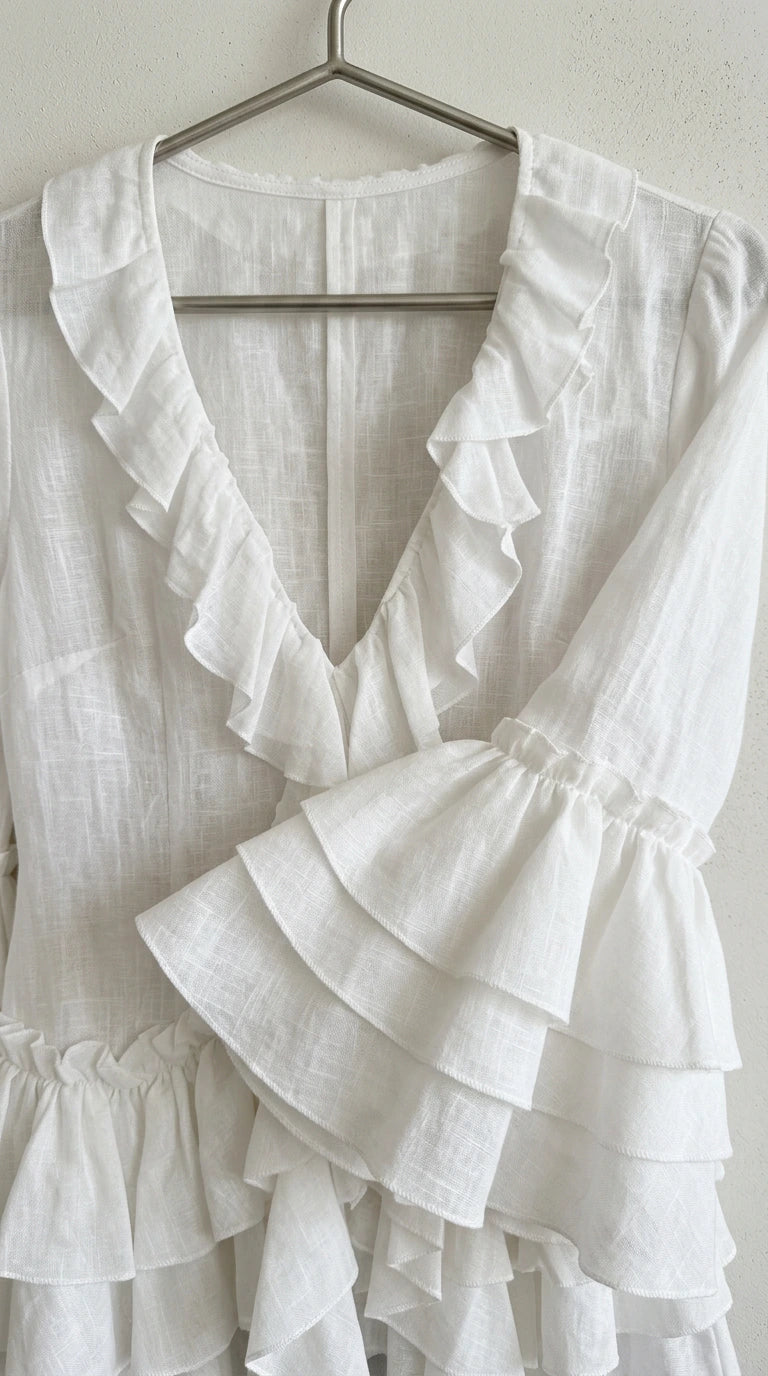 Close-up detail of white ruffled neckline and textured fabric on hanger