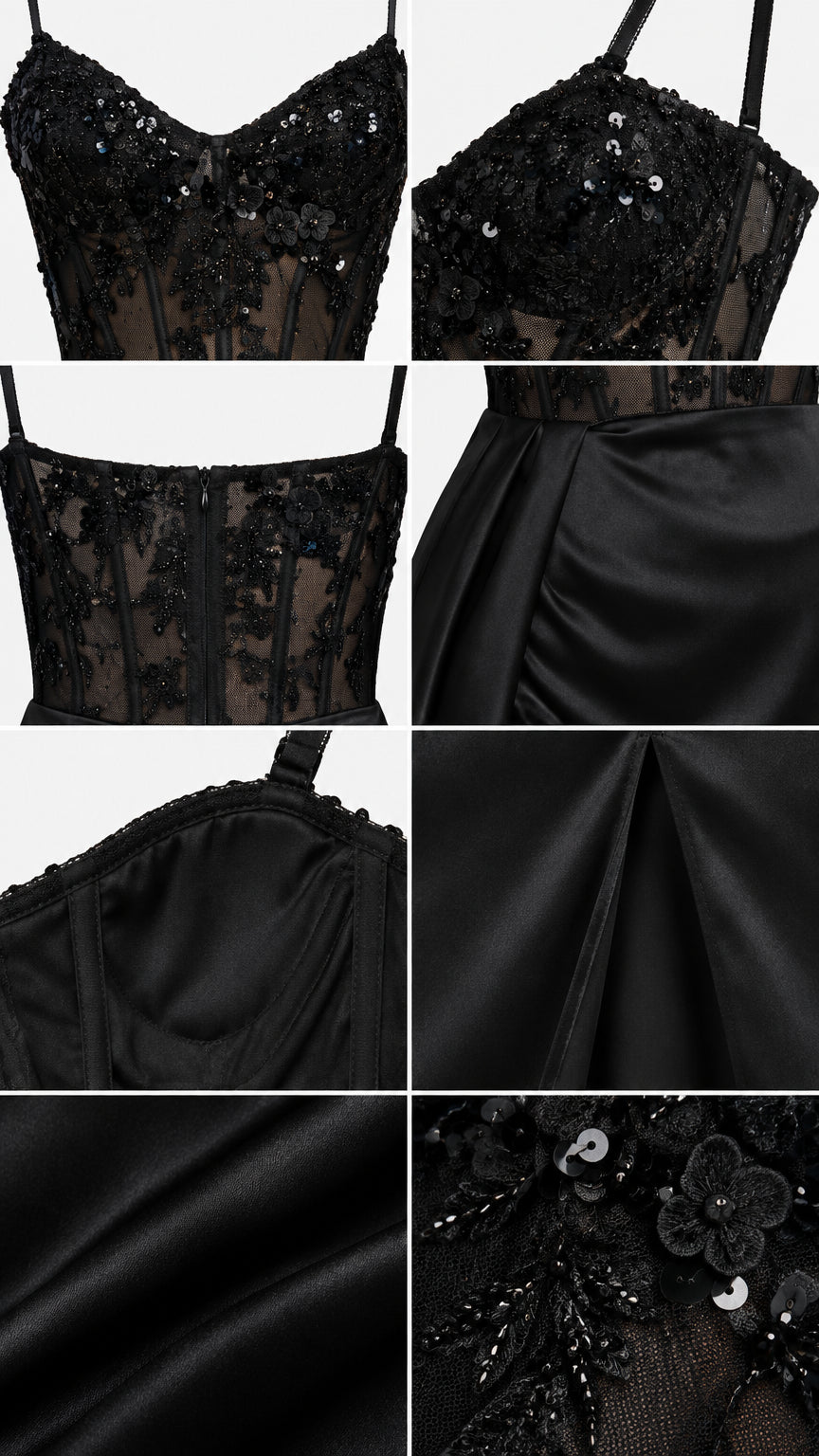 Close-up details of sequin lace embroidery, boning, and satin fabric