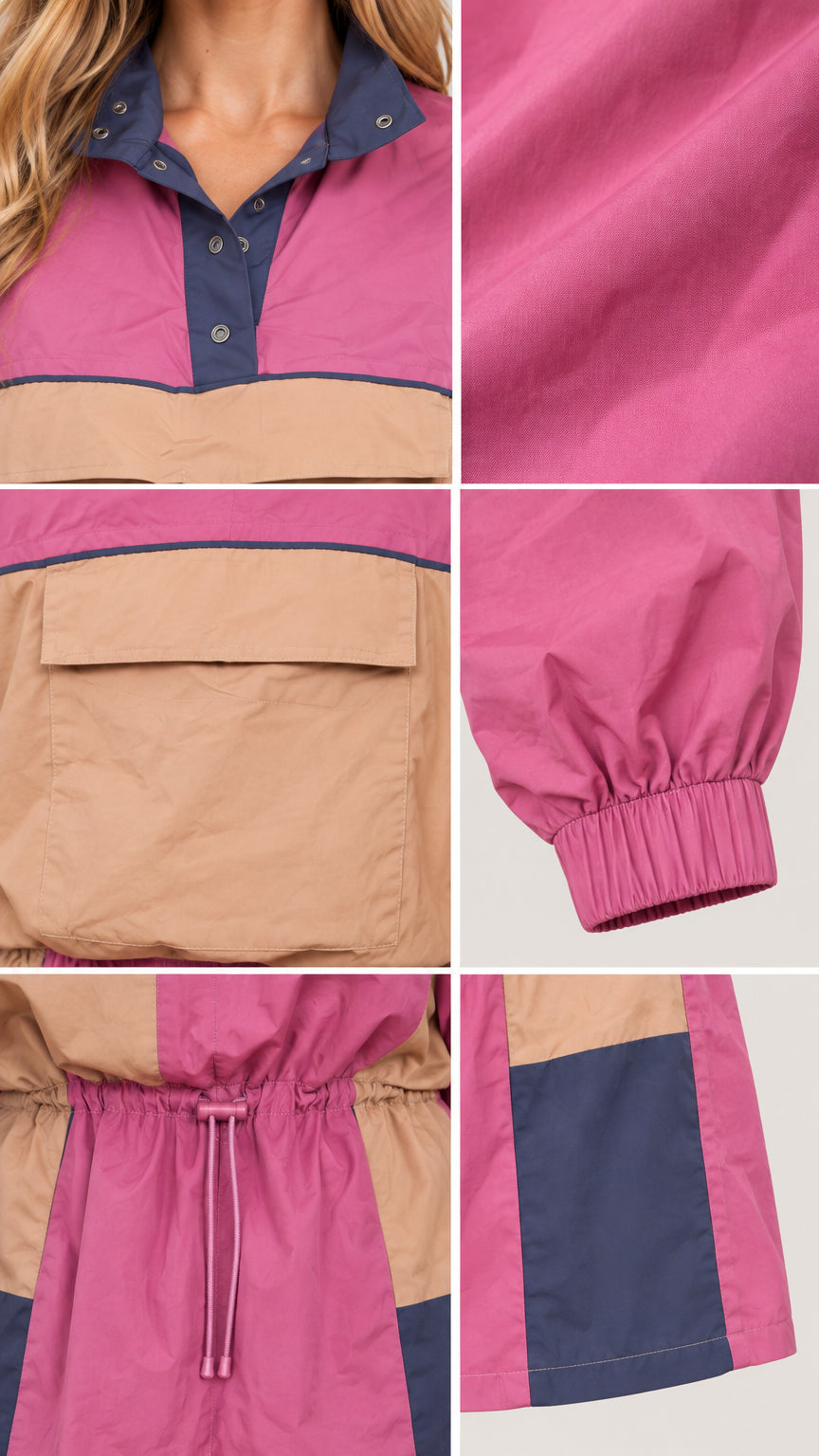 Close-up details of collar buttons, fabric texture, chest flap pocket, elastic cuff, drawstring waistband, and colorblock hem