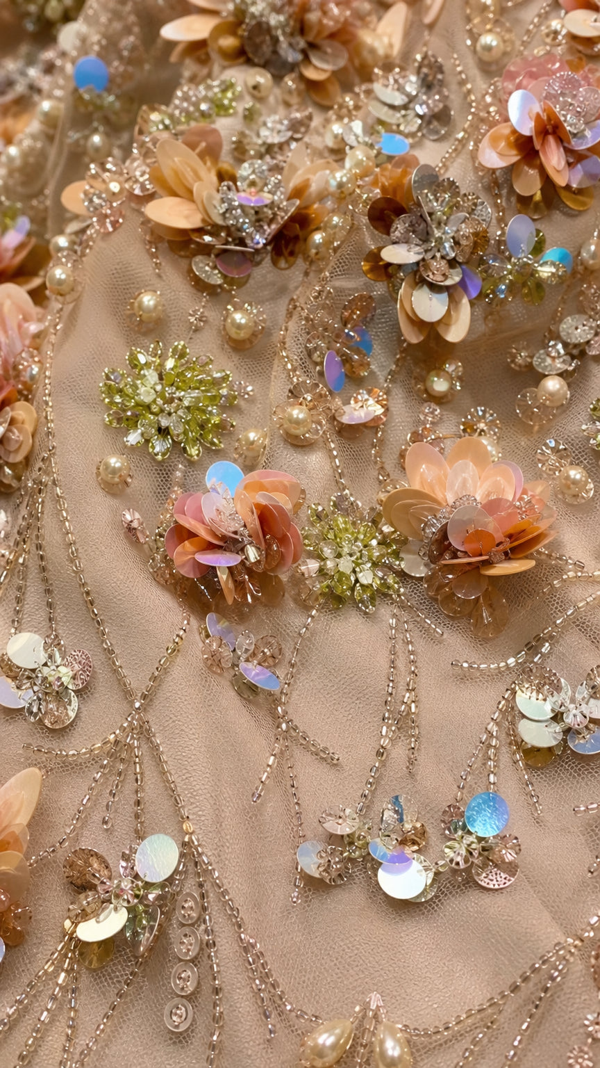 Close-up detail of 3D sequin and beaded floral embroidery on sheer mesh