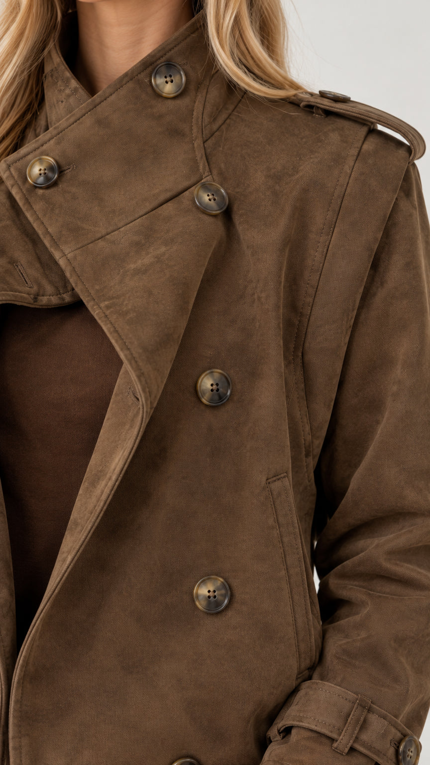 Close-up detail of brown faux suede jacket showing asymmetric button collar and shoulder epaulet