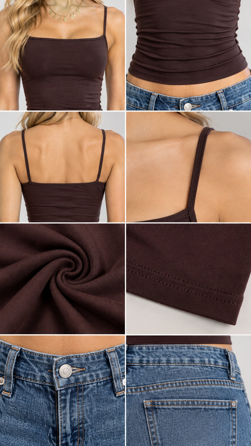 Detailed close-up collage of camisole neckline, fabric texture, straps, and denim waistband