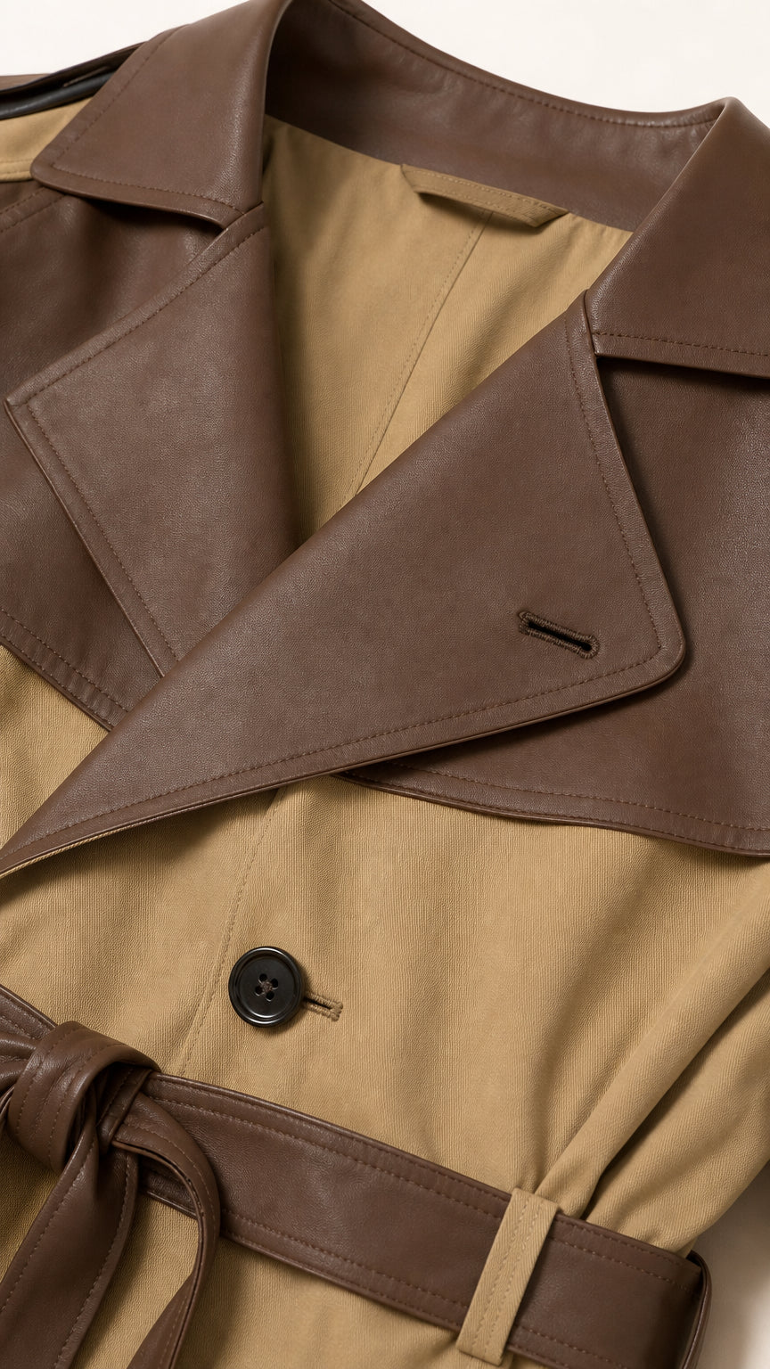 Close-up detail of brown faux leather lapel, button, and tie belt on khaki trench jacket