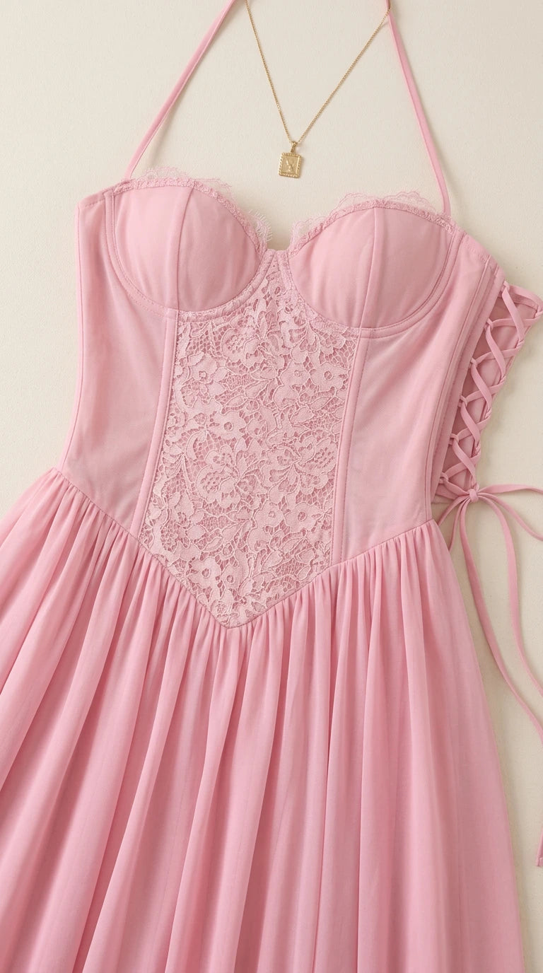 Close-up view of pink sweetheart corset bodice with lace embroidery and side lacing