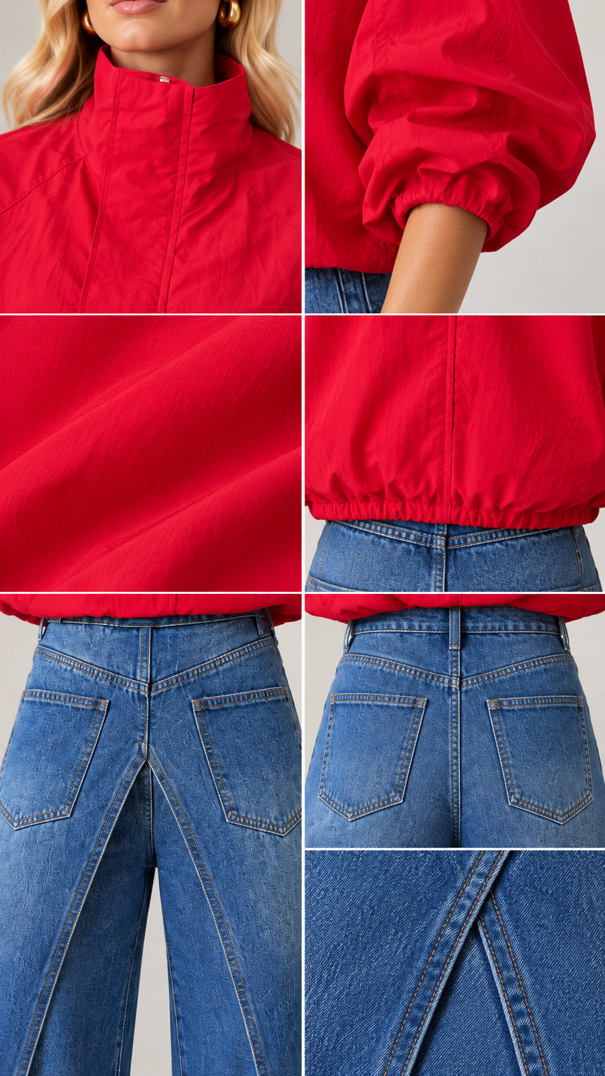 Detailed close-up shots of red jacket collar, sleeve cuffs, fabric, and denim crossover panel construction