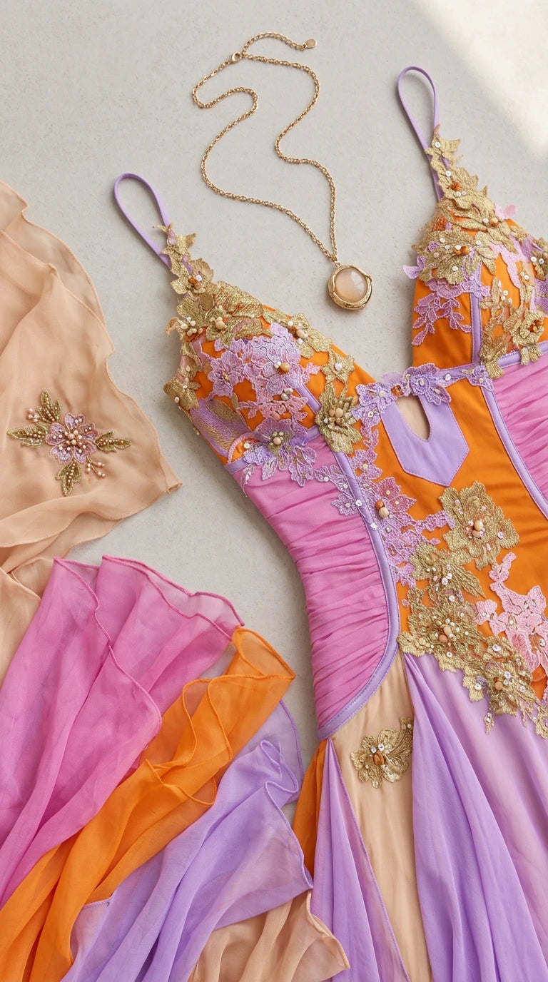 Close-up flatlay detail of bodice embroidery, cutout, and pastel chiffon ruffles