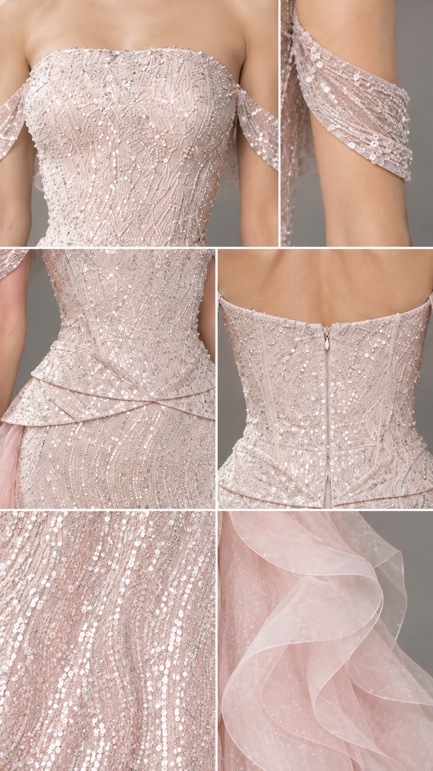 Detailed collage of sequin texture, off-shoulder drapery, waist crossover accent, and tulle ruffles