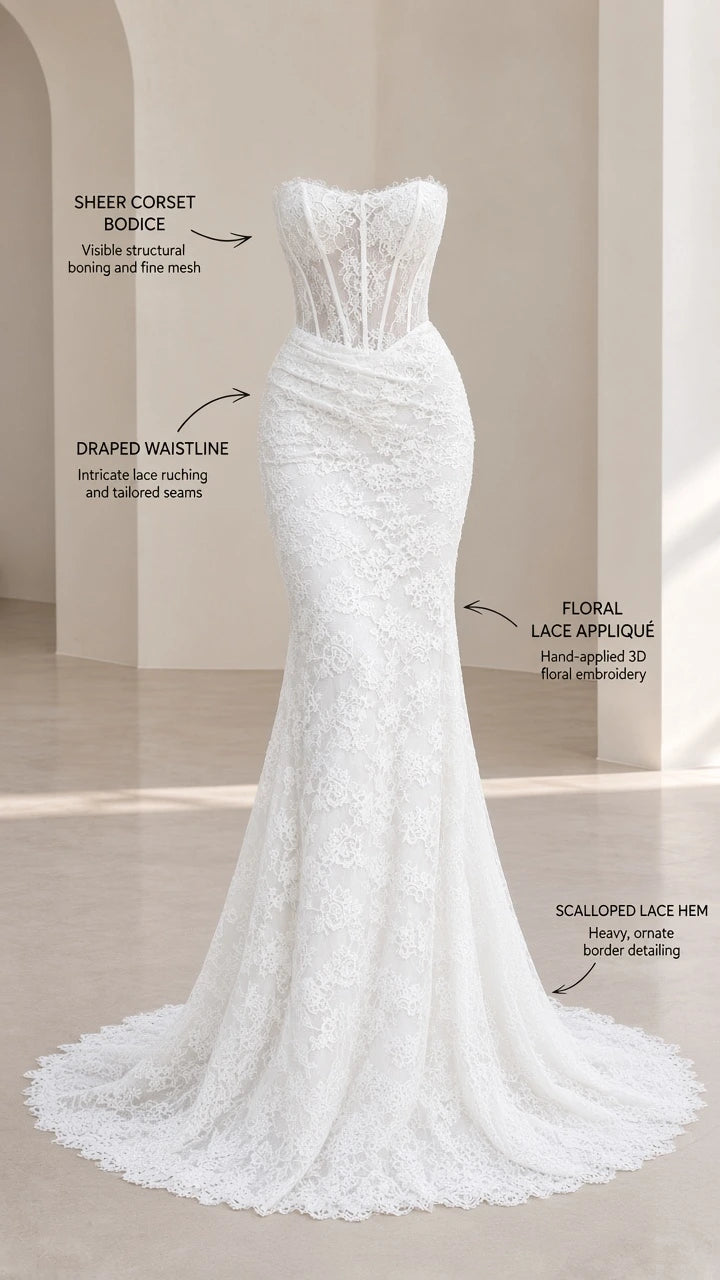 Product detail schematic highlighting sheer corset bodice, draped waistline, and scalloped lace hem