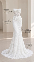 Product detail schematic highlighting sheer corset bodice, draped waistline, and scalloped lace hem