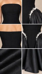 Detailed collage showing strapless neckline, pearl embellishment, back zip closure, and satin fabric texture