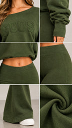 Close-up details of neckline, embossed chest lettering, waistband, cuff, and knit fabric texture