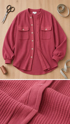Flat lay and close-up fabric texture detail of berry pink ribbed button-down shacket