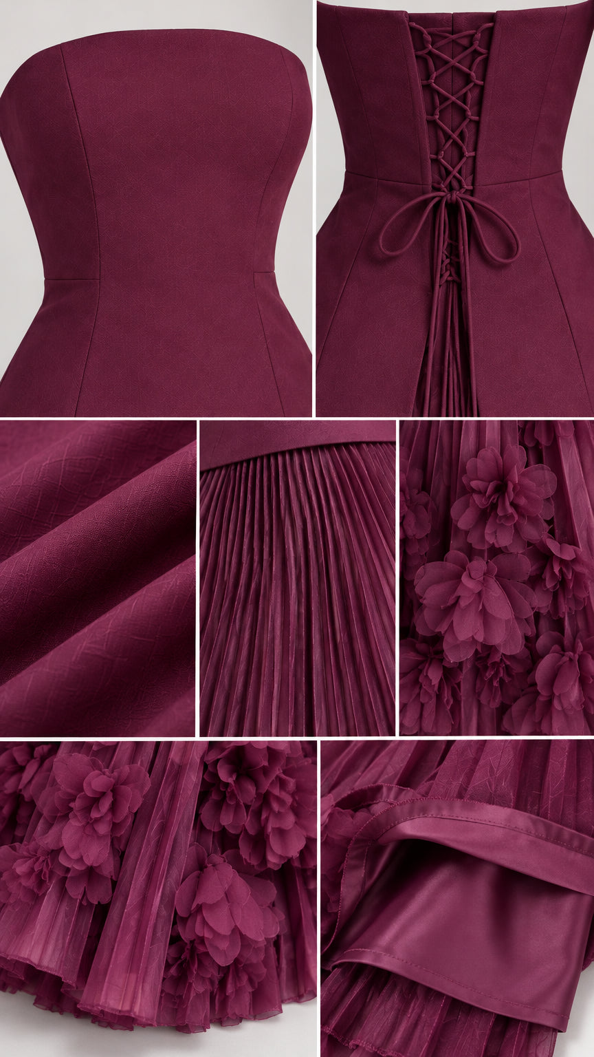 Detail collage showing bodice construction, corset lacing, pleated fabric texture, 3D floral hem, and lining