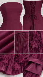 Detail collage showing bodice construction, corset lacing, pleated fabric texture, 3D floral hem, and lining