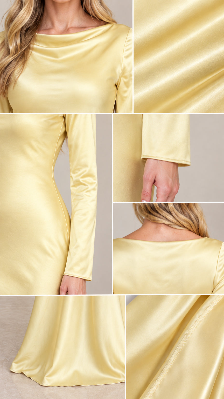 Detailed close-up collage of neckline, sleeve hem, satin fabric drape, and stitching