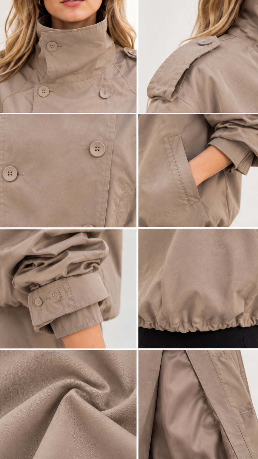 Detailed close-up collage of collar, buttons, pockets, cuffs, fabric weave, and hem