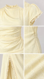 Detailed close-up collage of neckline lace, cap sleeves, side zipper, and textured fabric