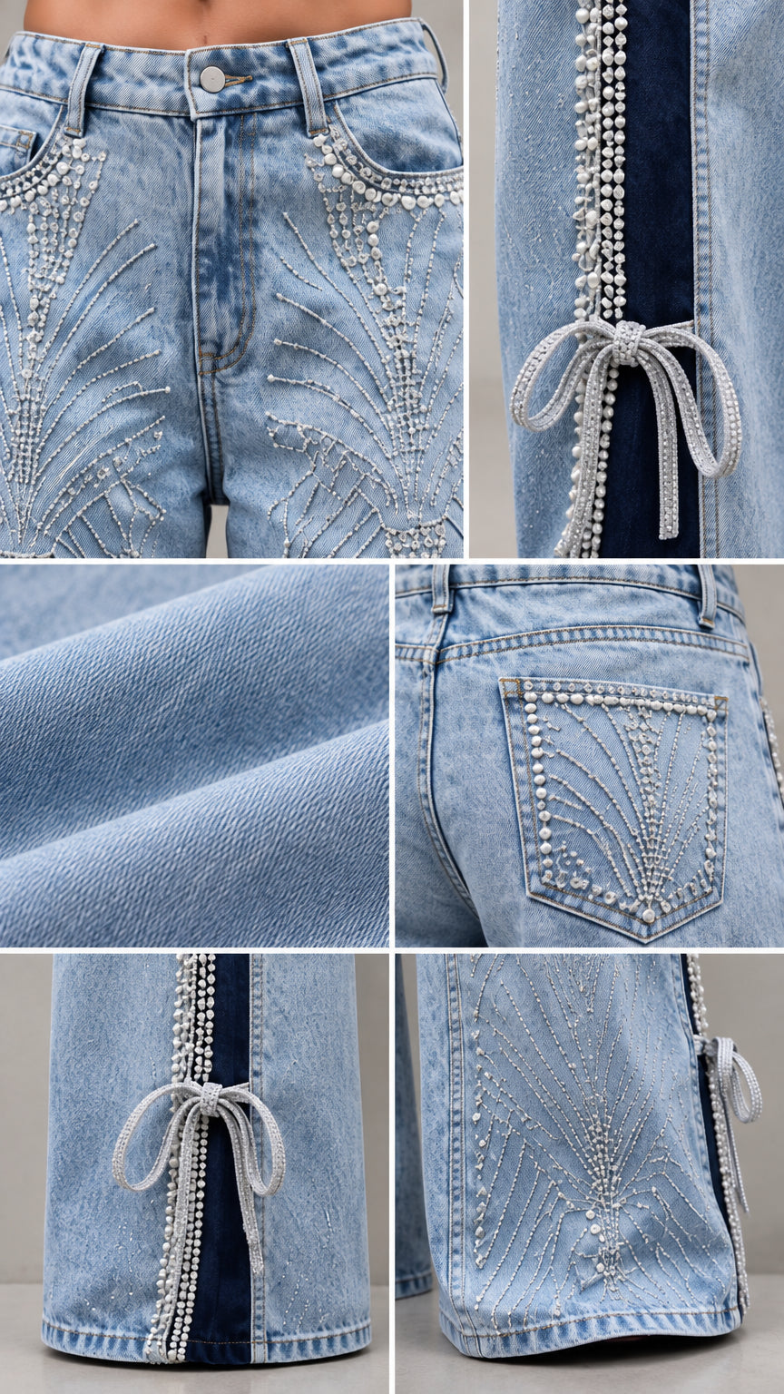 Close-up detail shot of denim fabric, rhinestone patterns, and crystal bow hem accents