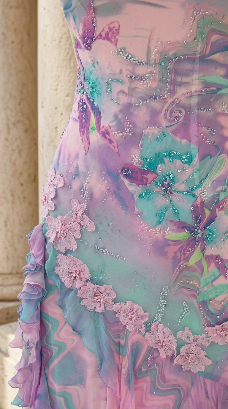Close-up detail of textured floral lace appliqué and beaded trim on ruffle hem