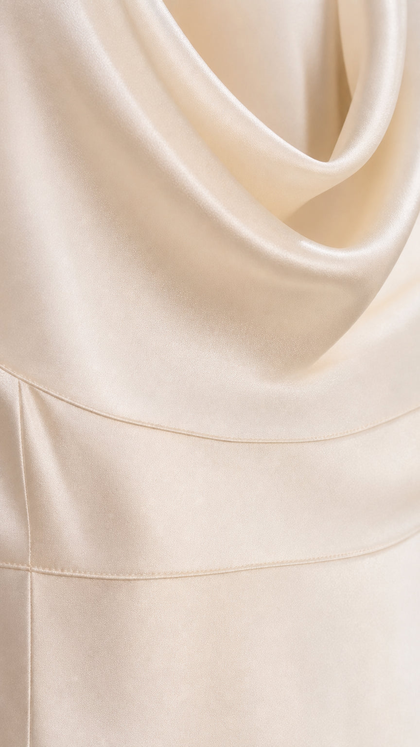 Close up detail of ivory satin fabric draping along the cowl neckline