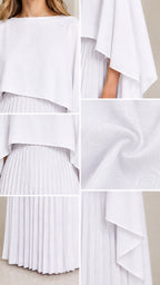 Close-up details of white pleated cape dress fabric and accordion folds